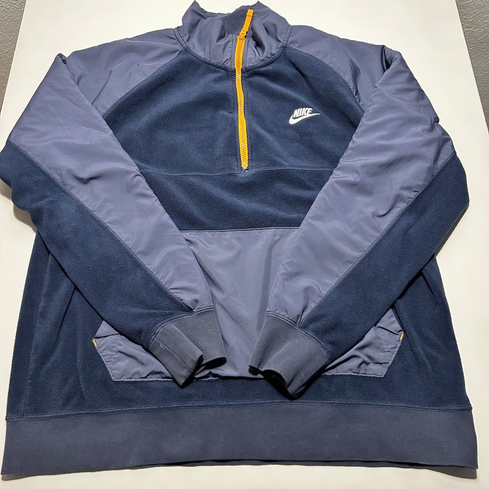 Nike Mens Fleece Quarter Zip Pullover Navy Blue Orange Swoosh Large